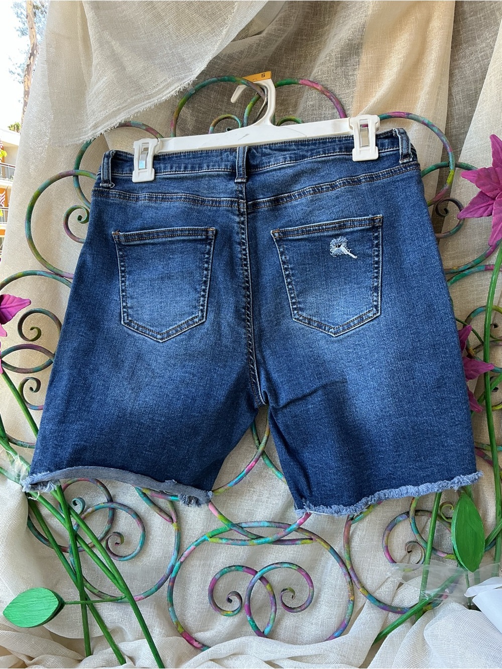 Classic Blue Denim Bermuda Shorts with Frayed Hem